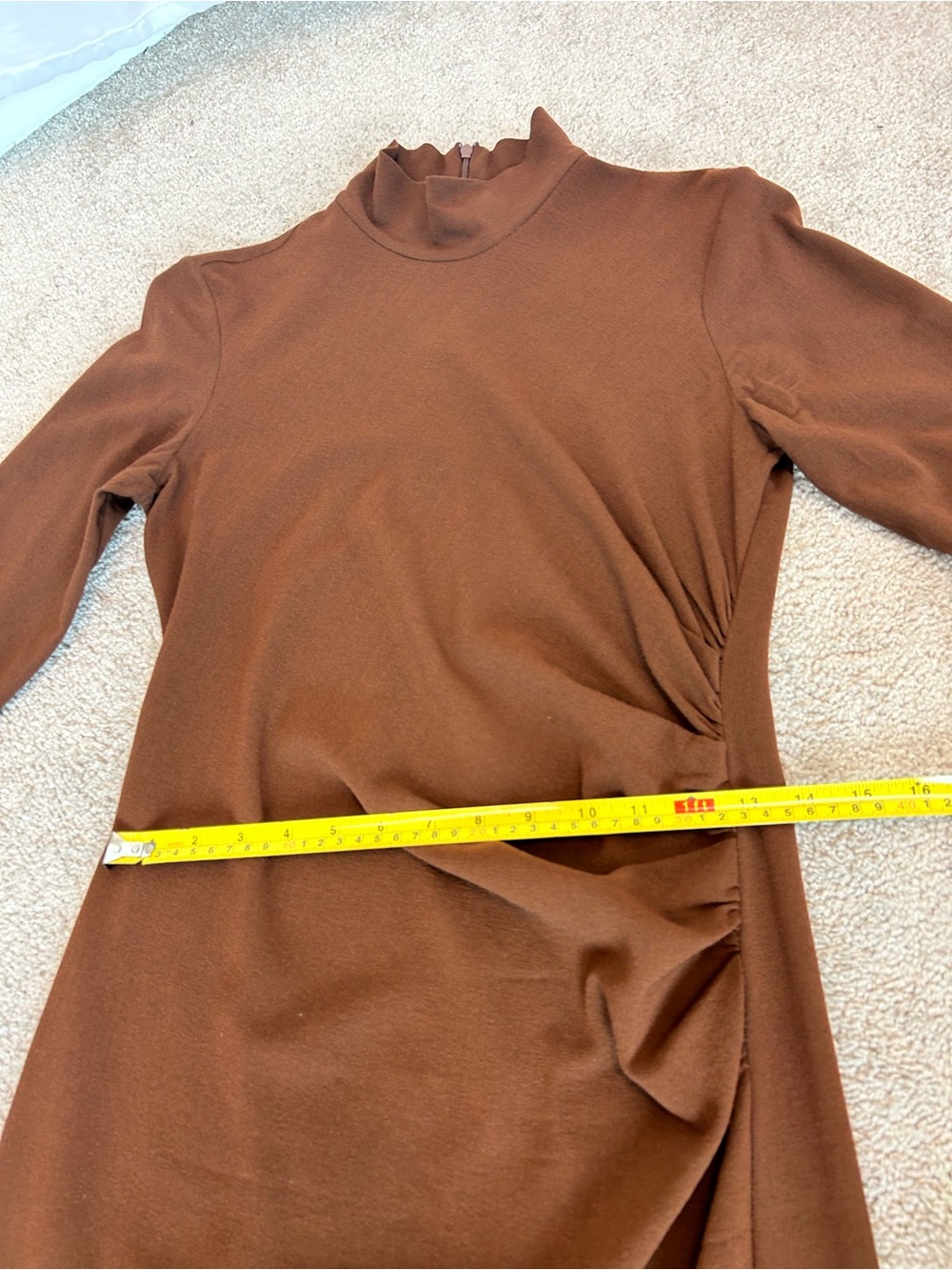 Zara Brown Long Sleeve Mock Neck Twist Detail Midi Dress Sz L stretchy classy - Picture 8 of 11